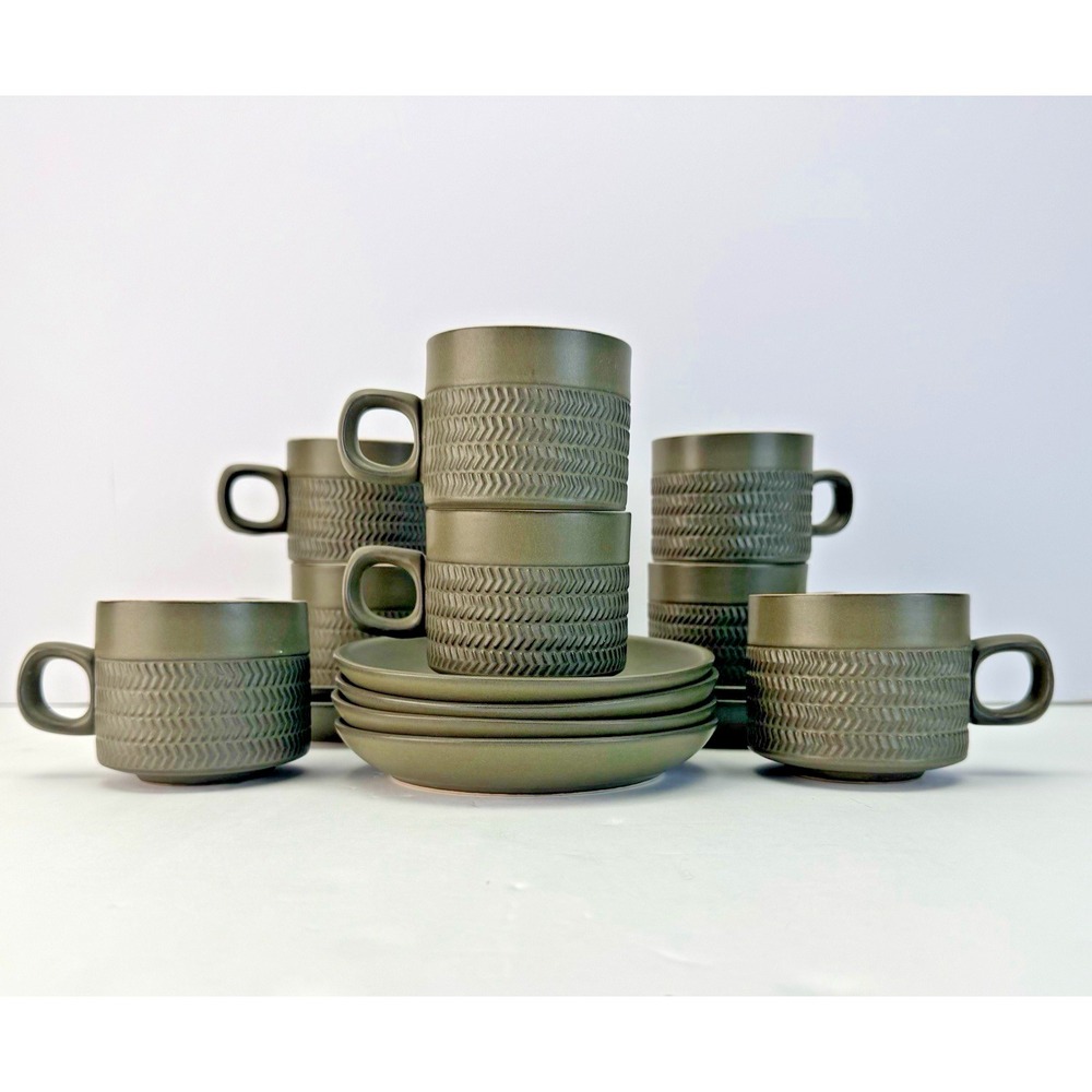Denby Langley Camelot Stoneware Chevron Dark Olive Green Cup & Saucers Set Of 8